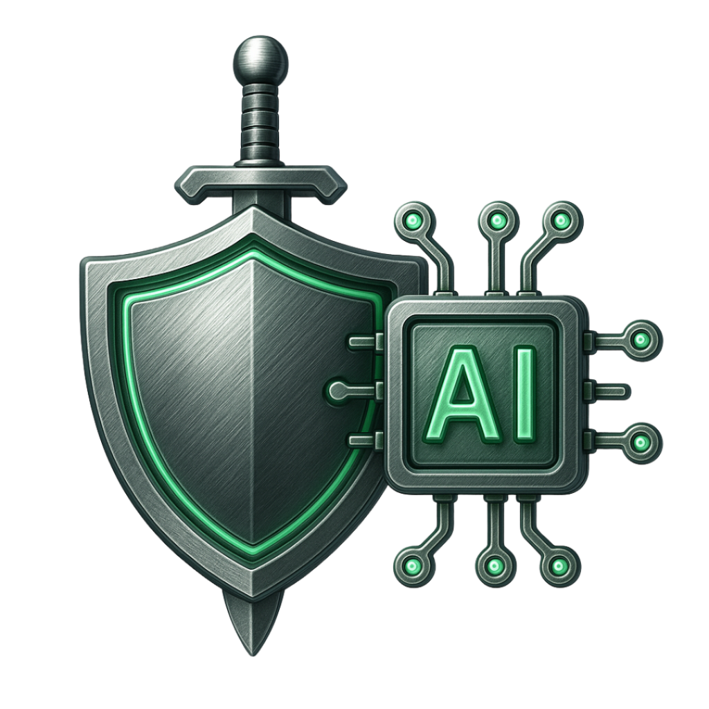 3D illustration of a metallic shield and sword combined with a green AI microchip, symbolising artificial intelligence in cyber security protection.