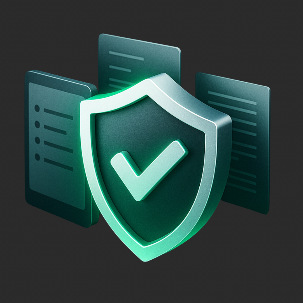 Futuristic digital illustration of a glowing green shield with a checkmark, symbolising data protection and compliance, surrounded by digital documents and circuitry to represent a privacy impact assessment in the Philippines.